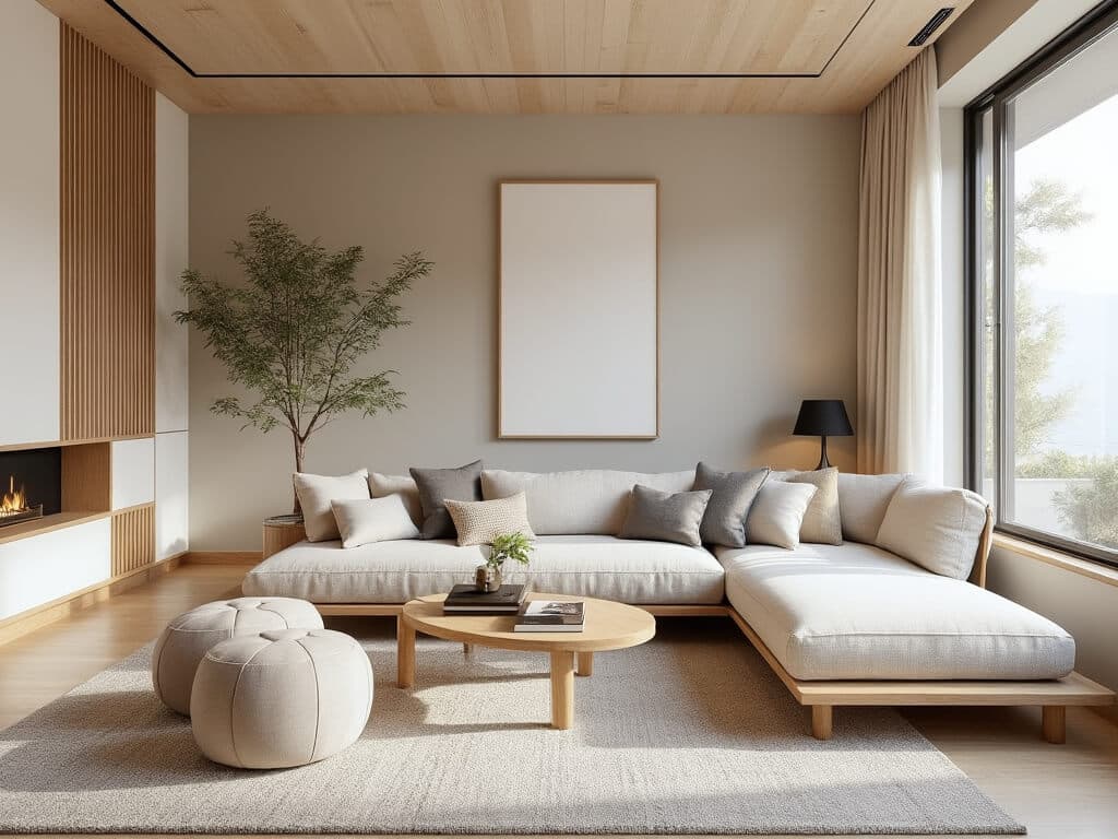 Japandi Design Secrets, showing a serene living room with minimalist furniture, natural wood accents, and soft, diffused lighting, embodying the blend of Japanese and Scandinavian styles.