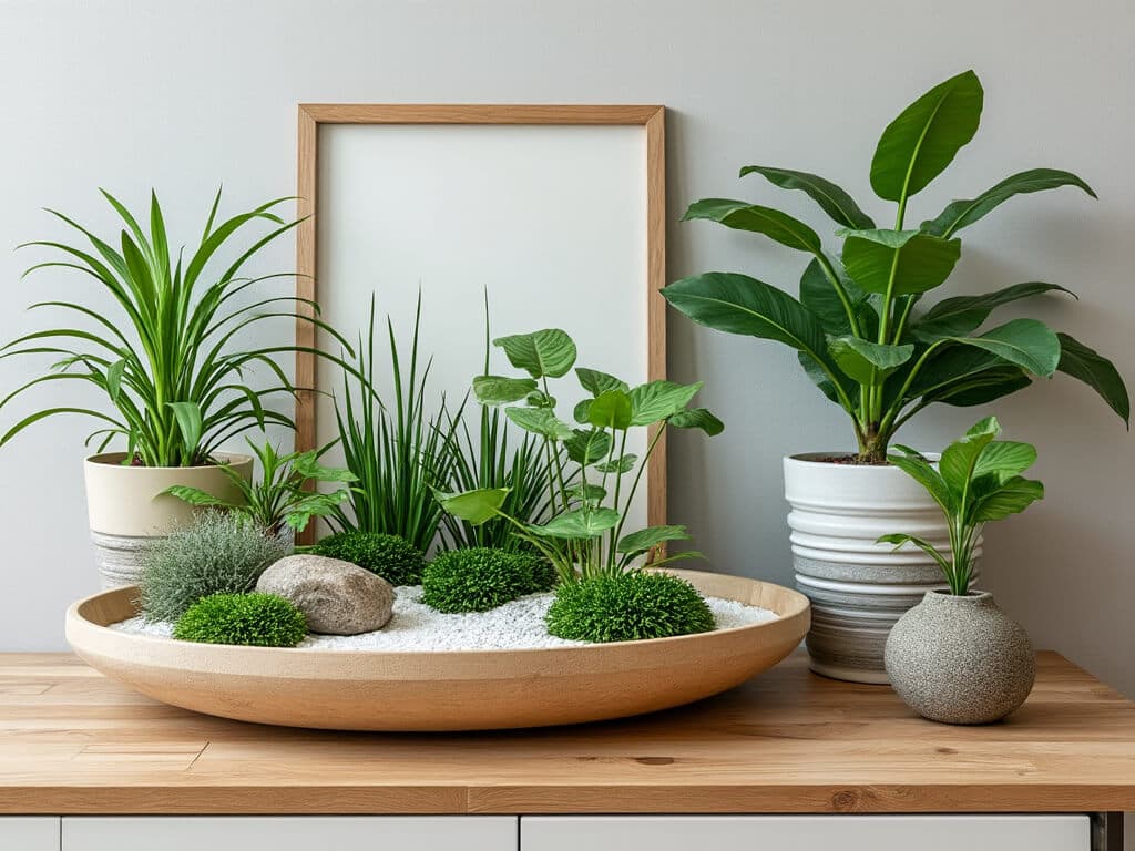 Indoor plants, nature-inspired wall art, or a small Zen garden