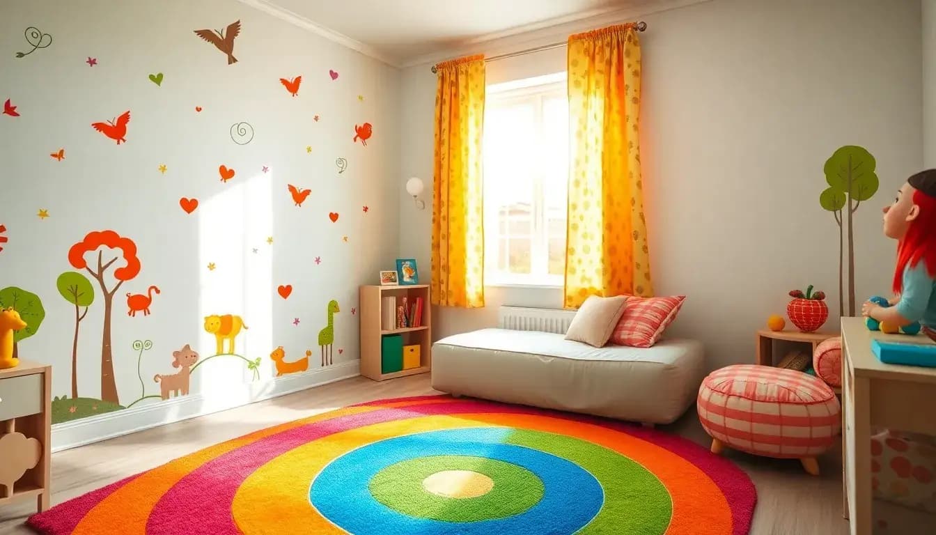 A bright and cheerful kids room filled with colorful decor elements such as a rainbow-colored rug, whimsical wall decals of animals and trees, and a cozy reading nook with plush cushions and a small bookshelf. The sunlight shines through a window adorned with playful curtains, casting a warm glow over the room, creating an inviting atmosphere for children.