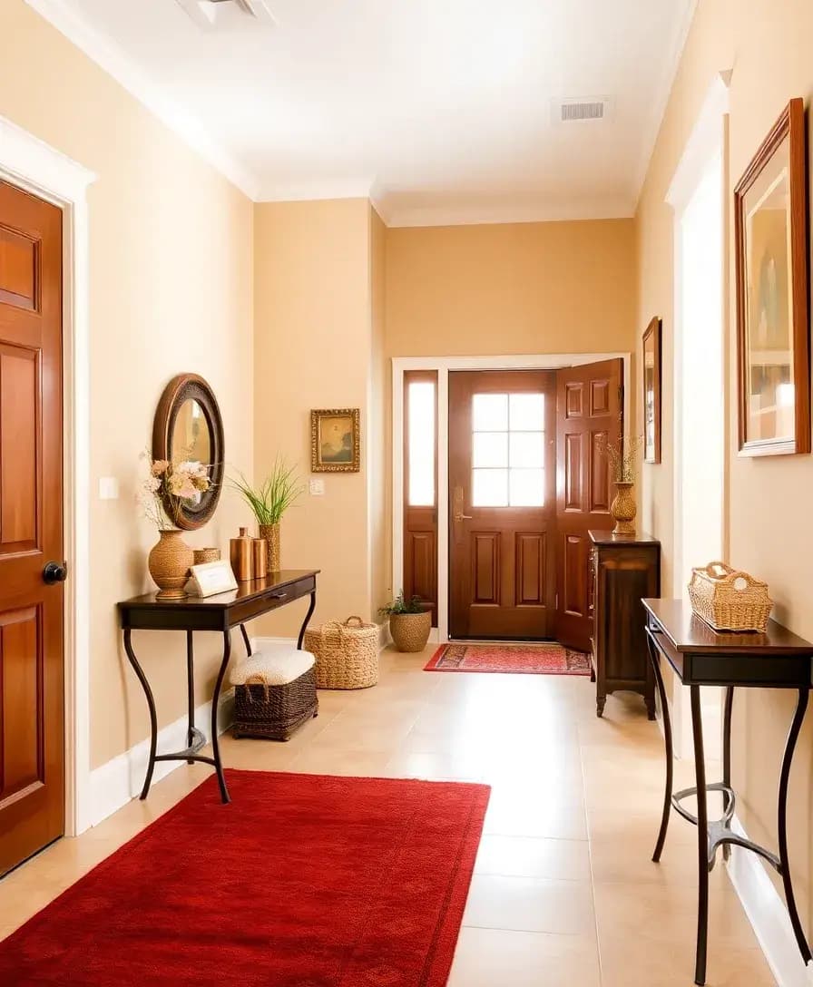 An entryway painted in soft beige, complemented by warm-toned decor items. A cozy rug in a rich color sits underfoot, and the walls are adorned with framed art in coordinating shades. The overall ambiance is warm and inviting.