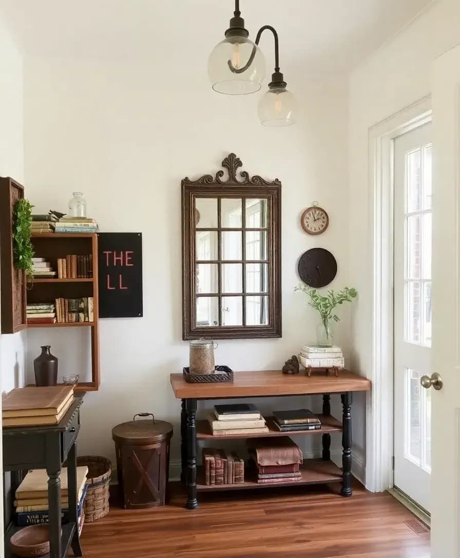 An entryway filled with vintage decor, including an antique mirror with a distressed frame, a reclaimed wood console table, and a retro light fixture. The space is decorated with vintage books and a small potted plant, creating a charming and eclectic vibe.