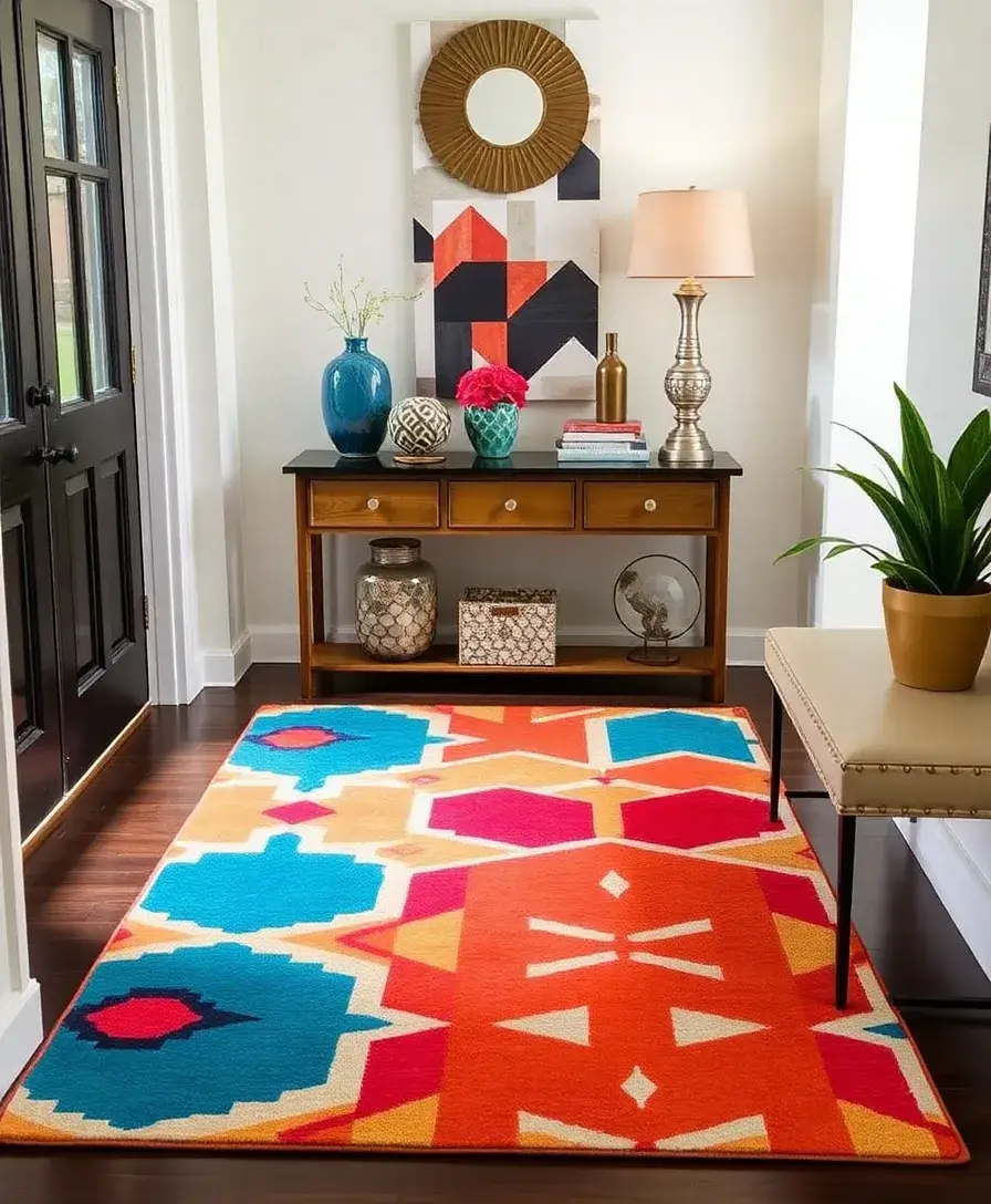 An entryway featuring a large, colorful area rug with a geometric design. The rug sits under a console table, which displays decorative items. The overall color scheme is bright and cheerful, setting a positive tone for the space.