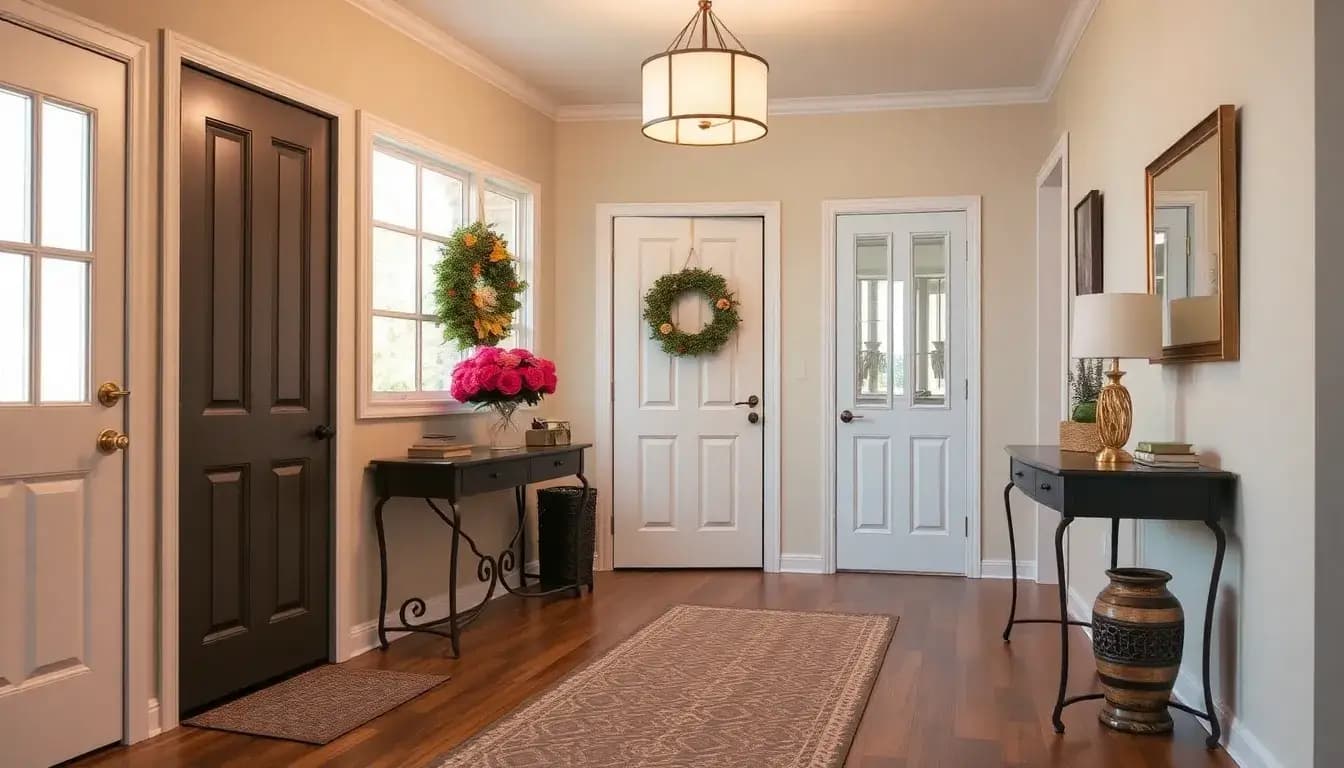 A beautifully styled entryway showcasing a variety of decorative elements. The scene features a welcoming front door adorned with a seasonal wreath, a stylish console table topped with a vase of fresh flowers, an inviting runner rug, and soft lighting from a chic pendant lamp. The walls are adorned with framed artwork and a mirror, creating a warm and inviting atmosphere.