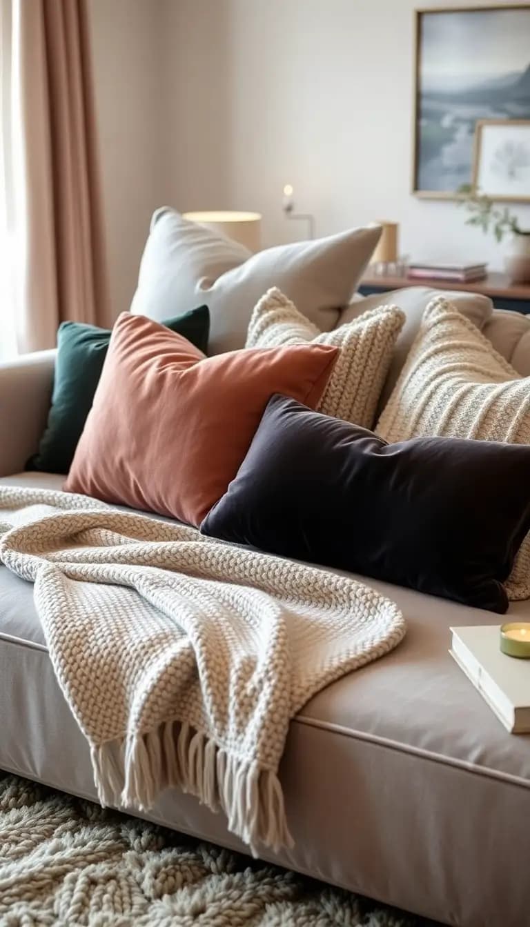 A close-up shot of a sectional sofa adorned with an array of textured pillows in various fabrics—velvet, knit, and linen—alongside a thick, cozy throw blanket. The background reveals a soft, plush area rug and a stylish coffee table with a candle and a book, all set in a softly lit living room filled with warm colors.