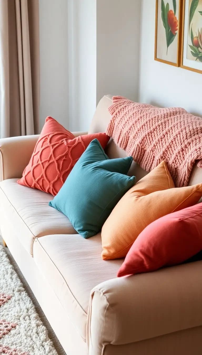 A cozy corner of a living room featuring a collection of colorful throw pillows on a plush sofa, with a thick knitted blanket draped over the back. The scene is inviting and warm, with a soft area rug underfoot.