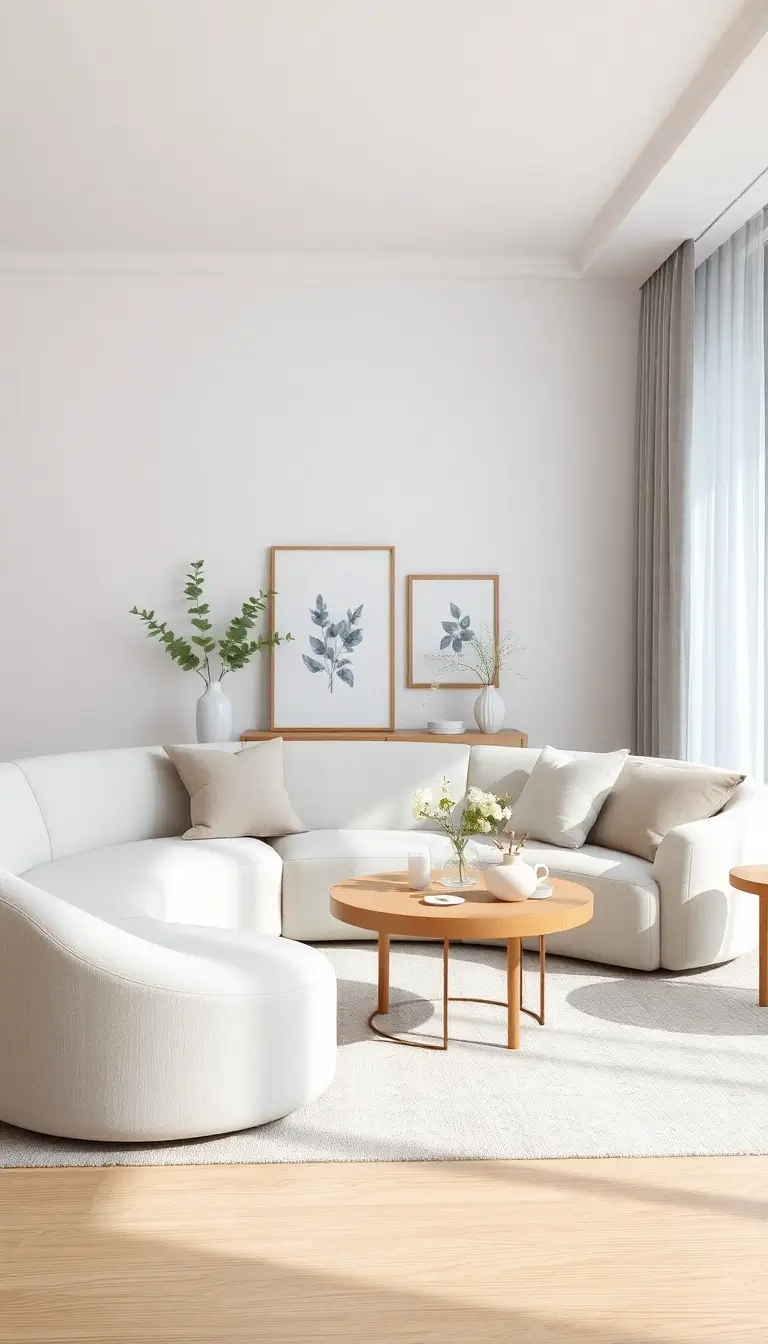 A beautifully designed living room featuring a soft, curved sofa in a light fabric, paired with a round coffee table. The scene is airy and inviting, with decorative elements that complement the soothing shapes.