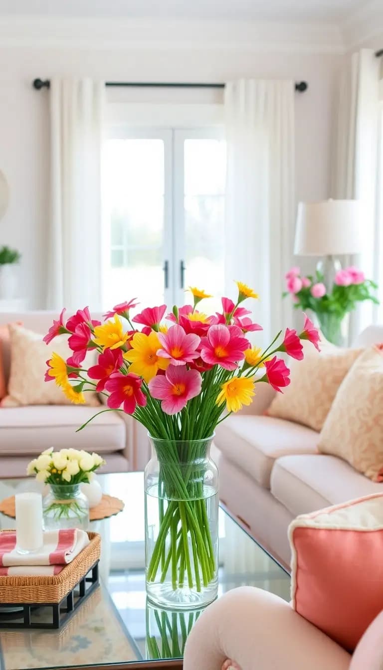 A living room adorned with seasonal decor, featuring a colorful spring arrangement with fresh flowers in a vase, light fabrics on the furniture, and bright throw pillows. The atmosphere is cheerful and inviting, perfect for warmer days.