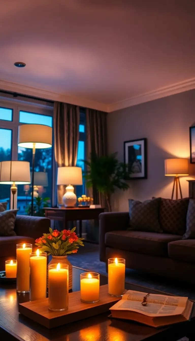A warm-lit living room at dusk, featuring a combination of soft ceiling lights, glowing table lamps, and flickering candles on the coffee table. The ambiance is inviting, perfect for curling up with a book.