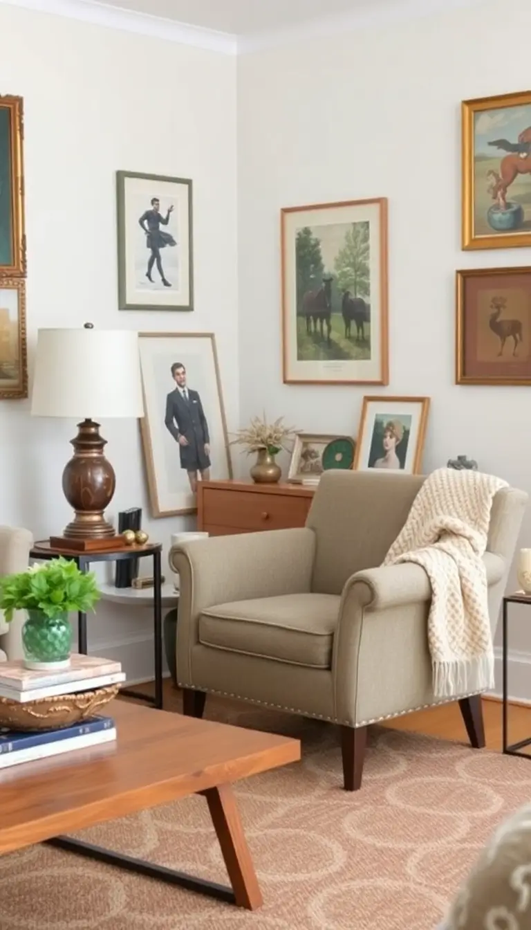 A living room featuring a vintage armchair with a modern coffee table, surrounded by eclectic decor items—an antique lamp, contemporary art pieces, and a cozy throw. The room feels warm and inviting, showcasing a beautiful combination of styles.