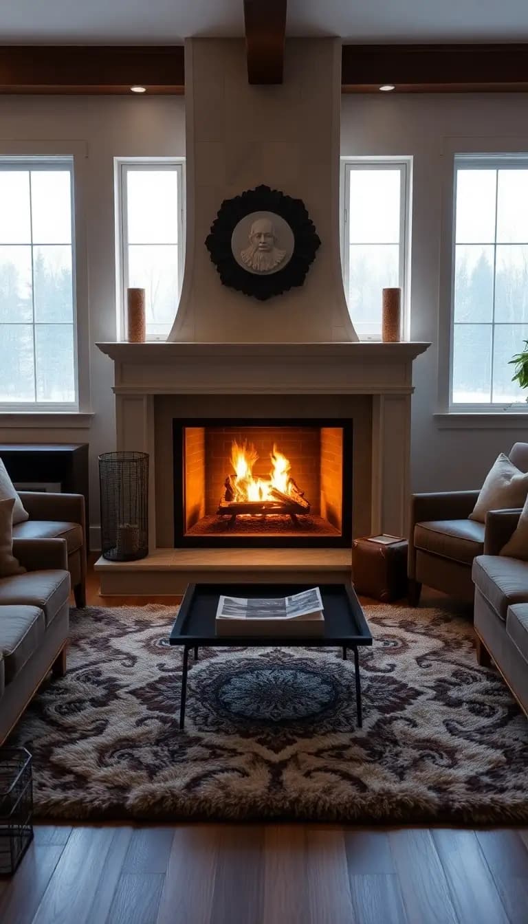 A cozy living room featuring a beautifully designed fireplace, surrounded by comfortable seating and a plush rug. The fire is crackling, casting a warm glow over the space, enhancing the inviting ambiance.
