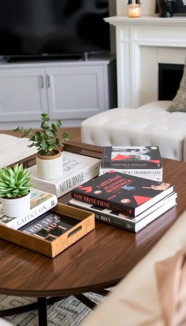 A chic coffee table adorned with a collection of beautifully designed coffee table books, a small potted plant, and a decorative tray. The scene is inviting, perfect for a cozy afternoon.