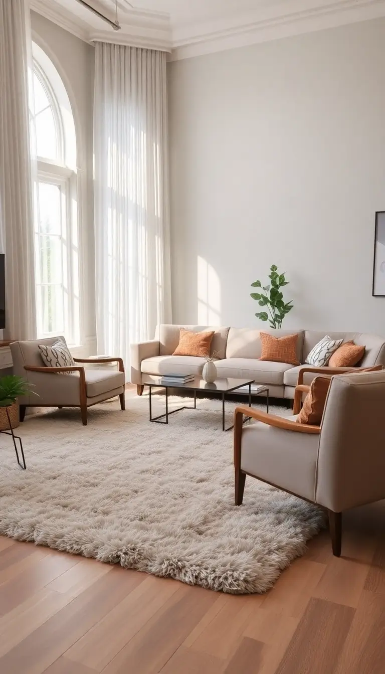 A cozy living room with a soft, plush area rug in a neutral tone, grounding a seating area with a stylish sofa and armchairs. The scene exudes warmth and comfort, inviting relaxation.