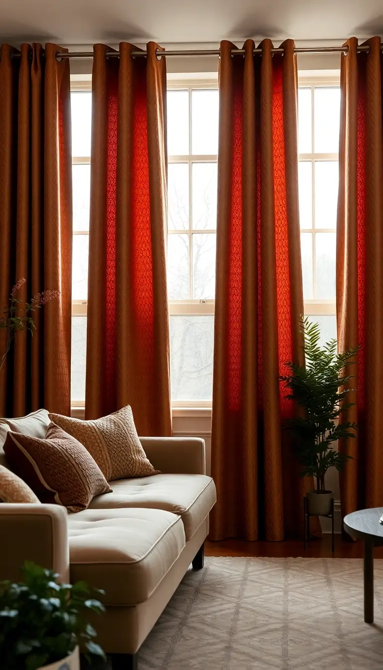 A living room with beautifully textured curtains in a warm fabric, framing large windows that let in soft light. The curtains add depth and warmth, enhancing the cozy atmosphere of the room.