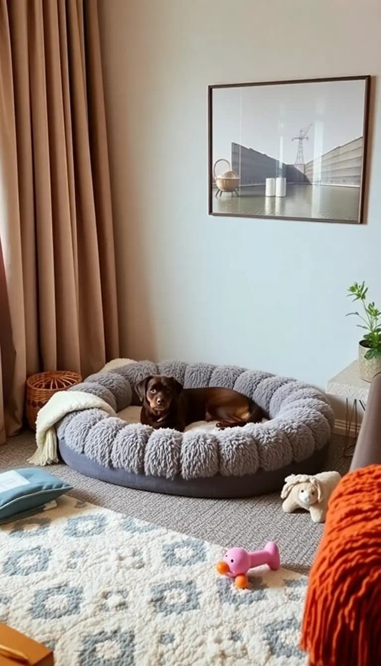 A living room featuring a plush pet bed in a corner, surrounded by soft blankets and toys. The decor is stylish yet comfortable, showcasing a space that caters to both humans and pets.