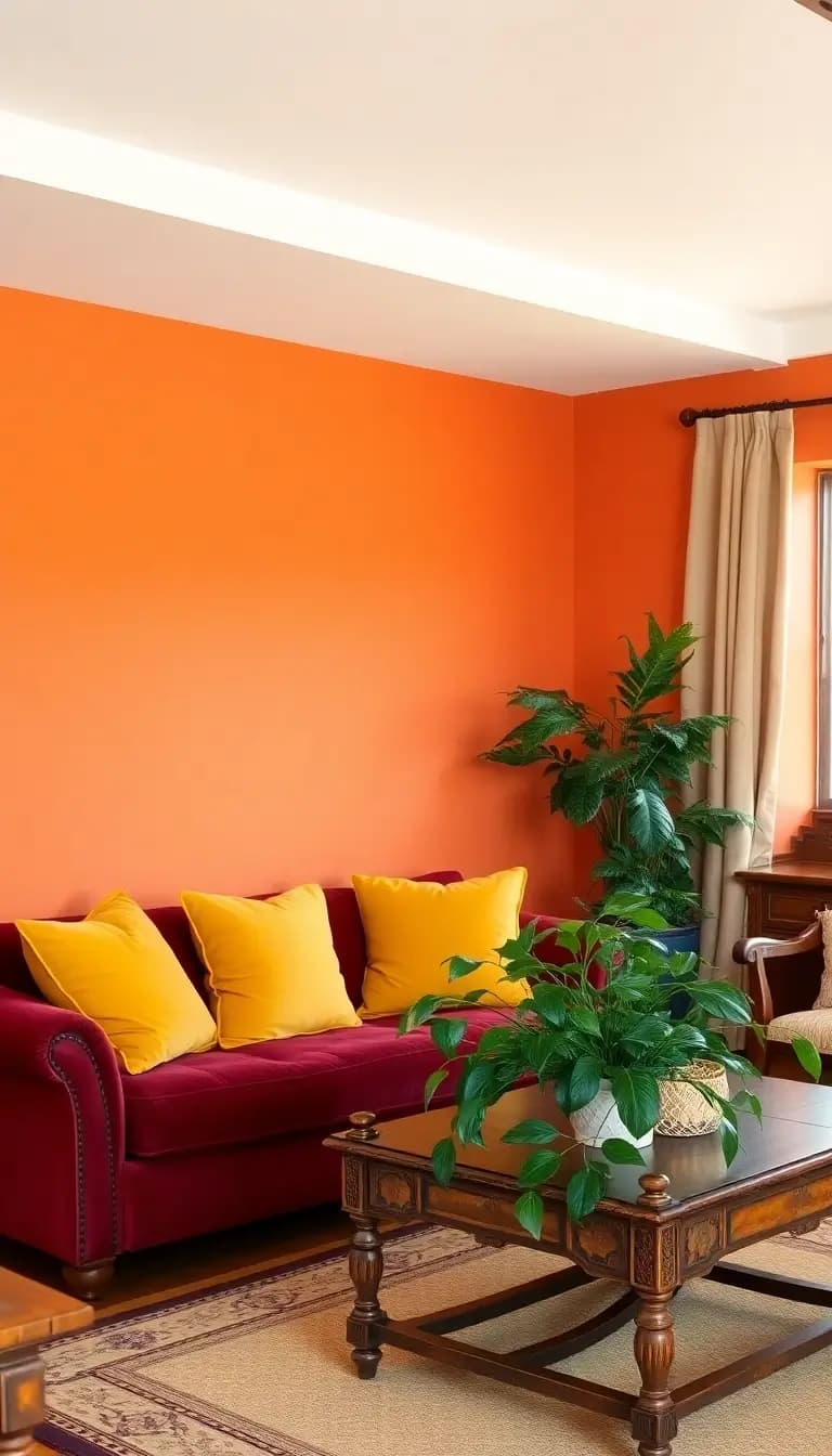 A living room with warm-colored walls painted in a soft terracotta shade, complemented by a deep maroon sofa and golden-yellow throw pillows. The room is decorated with wooden accents and a vintage coffee table, surrounded by a lush green plant, creating a harmonious and inviting space.