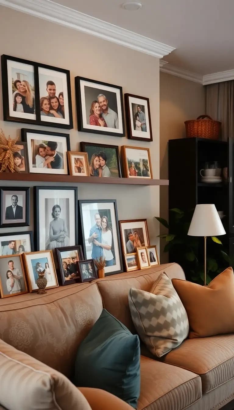 A cozy living room adorned with framed photographs of family and friends on a stylish shelf, alongside personal souvenirs and decorative items. The scene feels warm and inviting, showcasing cherished memories.