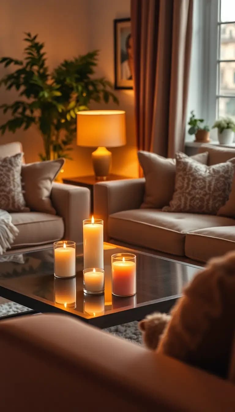 A cozy living room setting with soft candlelight flickering on a coffee table, surrounded by plush seating and warm colors. The room is filled with an inviting aroma, creating a serene atmosphere.