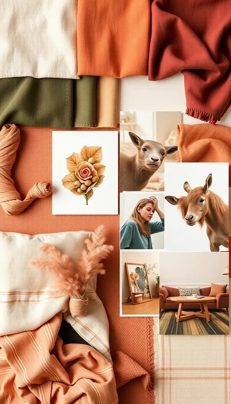 A beautifully arranged mood board featuring fabric swatches, color samples, and inspirational images for a cozy living room. The board is filled with warm tones and textures, creating a visual representation of comfort and style.