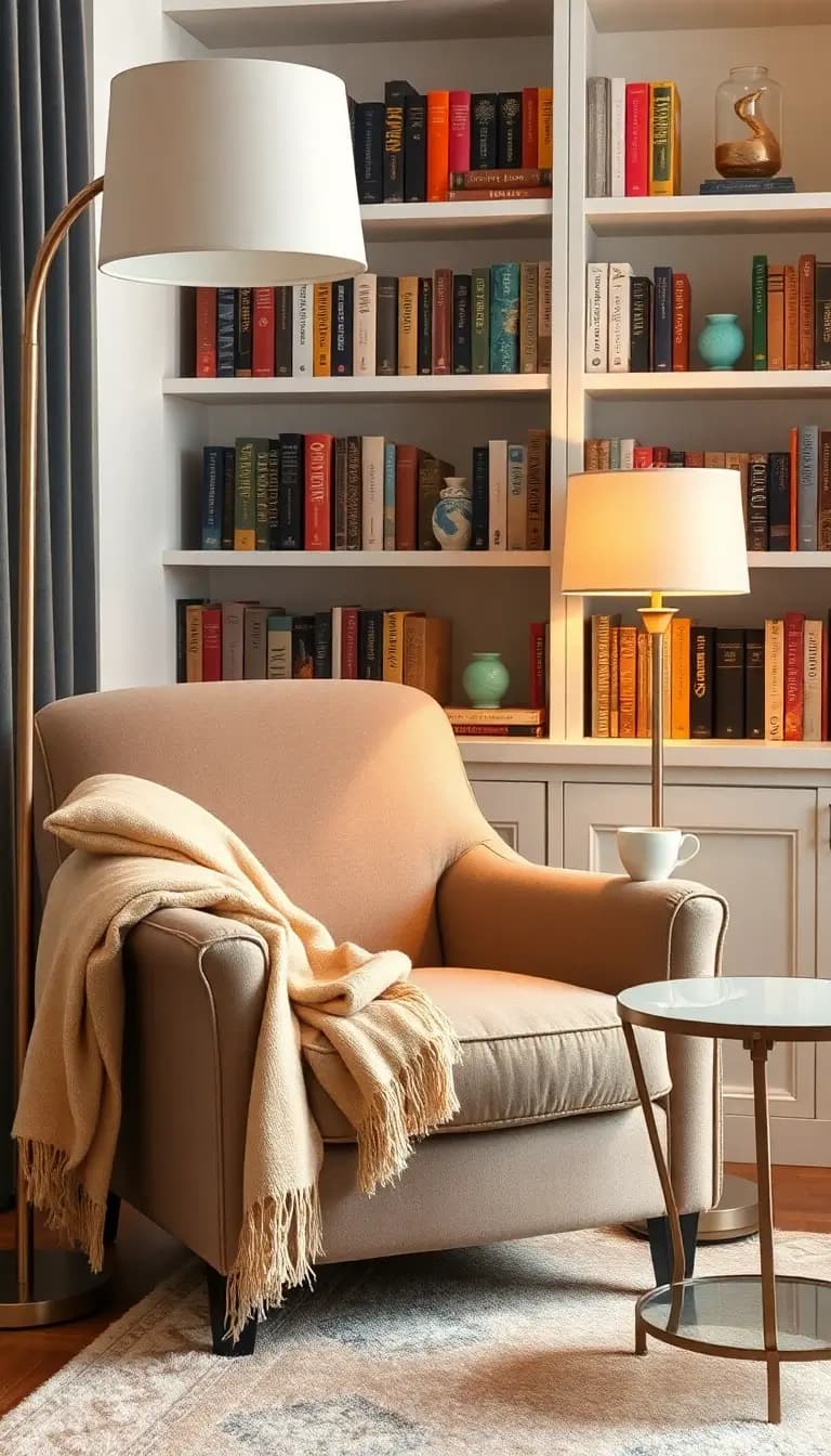A stylish reading nook featuring a plush armchair in a soft fabric, a cozy throw blanket draped over its arm, and a small side table with a steaming cup of coffee. The nook is illuminated by a sleek floor lamp, with a backdrop of bookshelves filled with colorful books and decorative items.