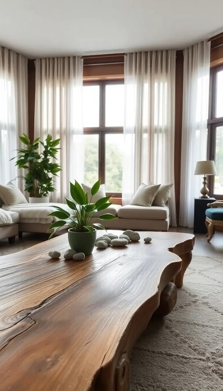 A chic living room showcasing a large coffee table made of reclaimed wood, surrounded by a green potted plant and decorative stones. The room features large windows with sheer curtains allowing sunlight to stream in, highlighting the natural elements and cozy atmosphere.