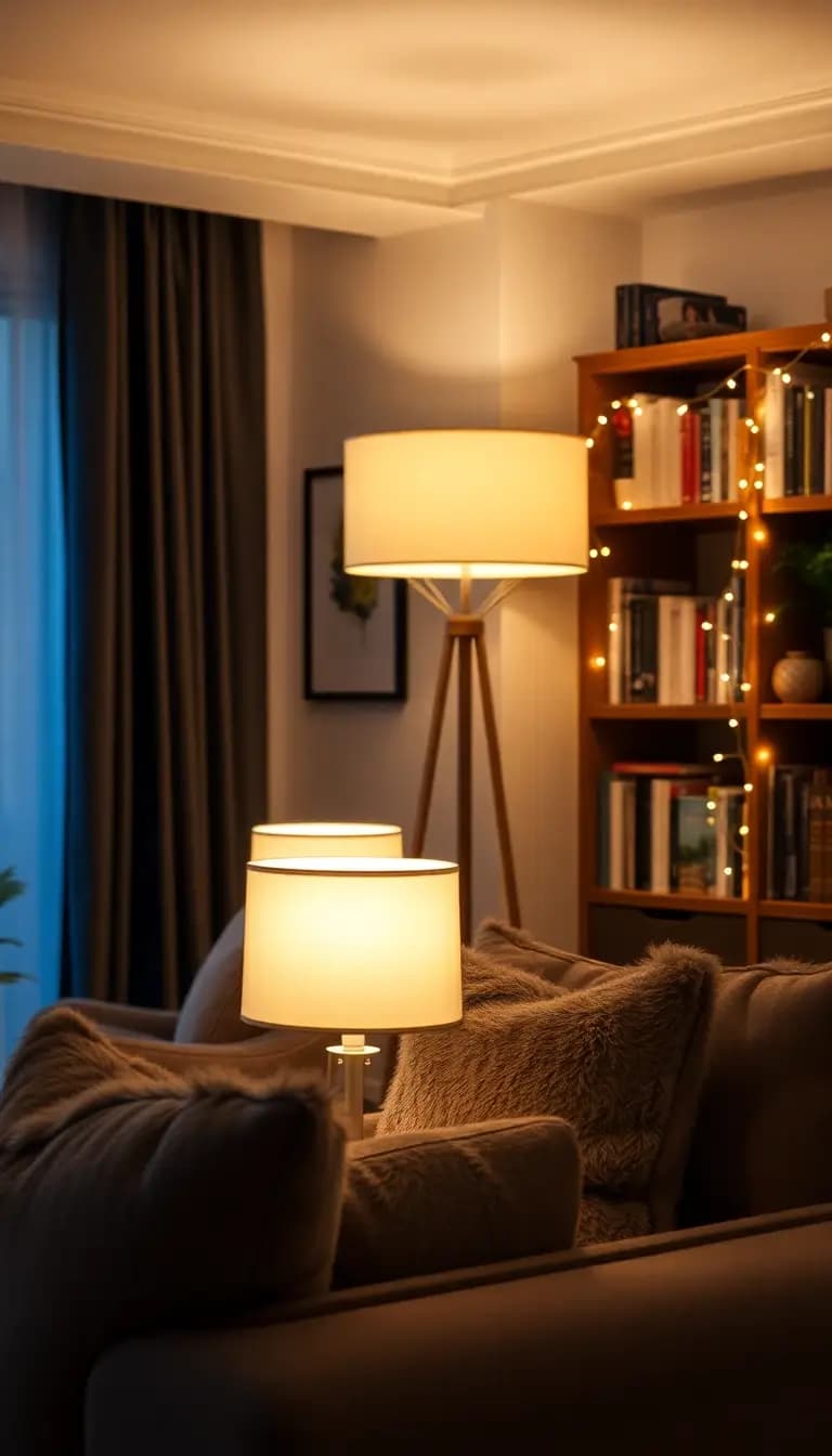 A cozy living room scene featuring multiple light sources—soft glowing table lamps, a stylish floor lamp, and twinkling string lights draped along a bookshelf. The warm glow fills the room, highlighting plush seating and inviting decor.