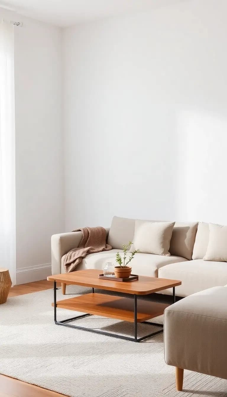 A minimalist living room with a simple, elegant sofa in a neutral color, paired with a sleek wooden coffee table. A few carefully selected decorative items, like a soft throw and a small potted plant, add warmth without overwhelming the space.