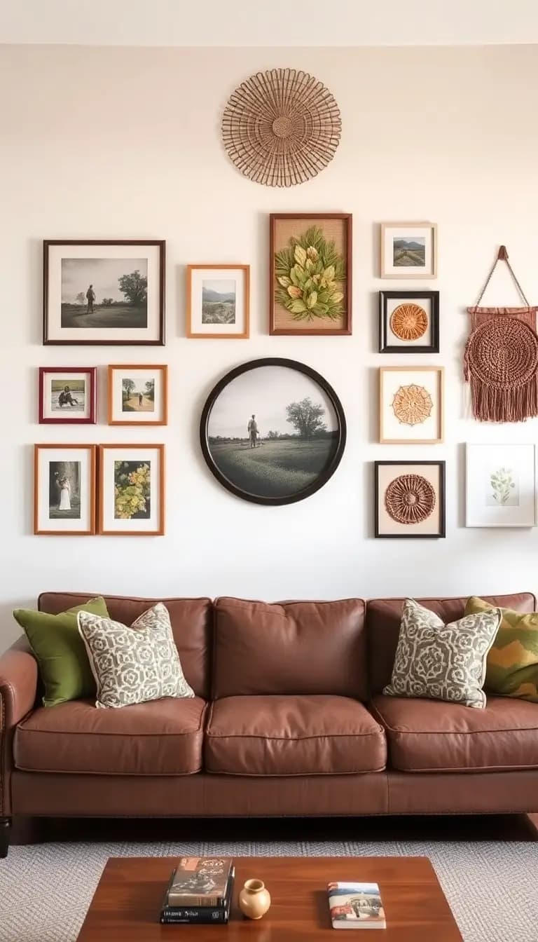 A living room wall adorned with a carefully arranged gallery of framed artwork, family photos, and textured wall hangings. Each piece is chosen for its warm colors, creating a cohesive and inviting atmosphere.