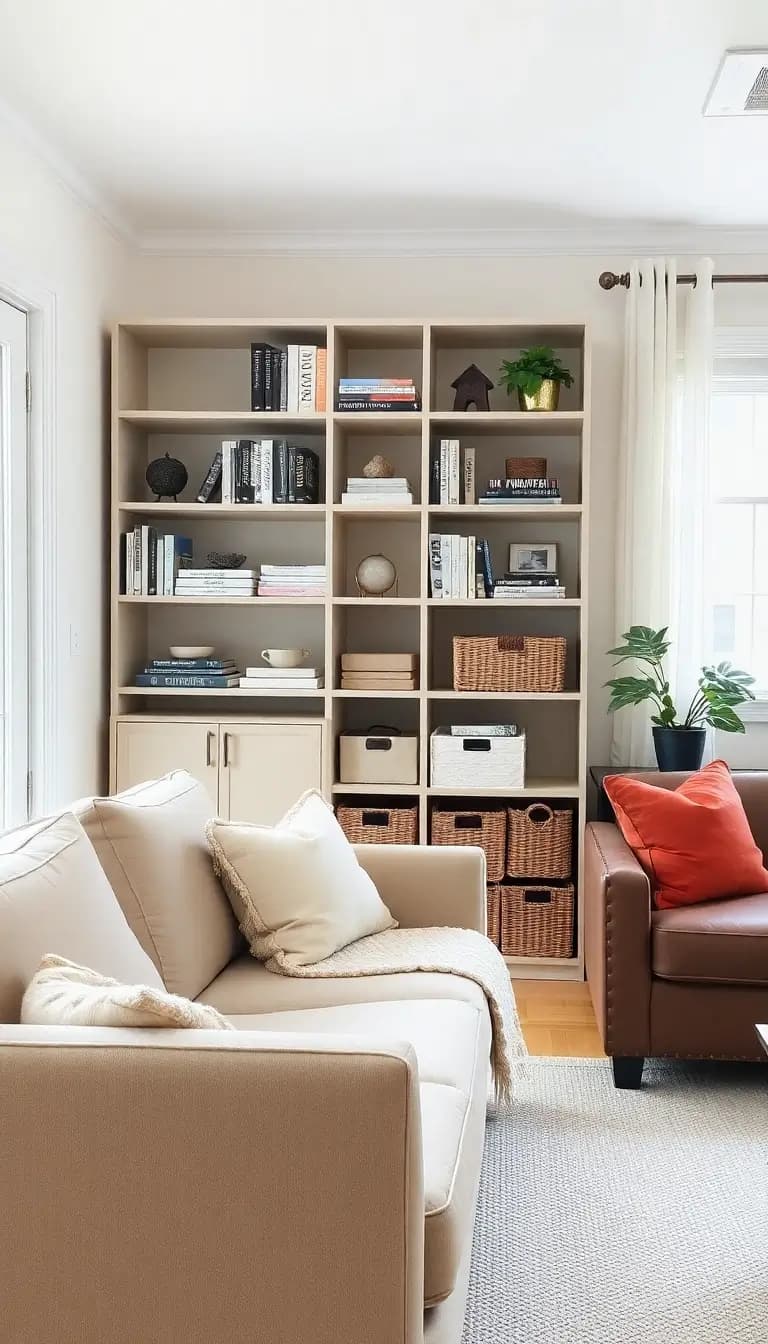 An inviting living room featuring a chic, open shelving unit displaying books, decorative items, and stylish storage baskets. The space is tidy and warm, with a cozy sofa and a soft rug grounding the arrangement.