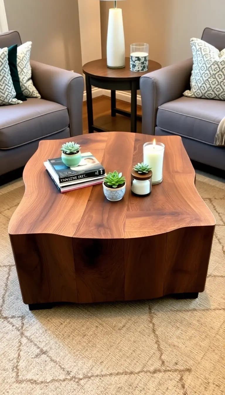 A striking coffee table made of reclaimed wood, adorned with a few decorative items—a stack of books, a small potted succulent, and a beautifully styled candle. The setting around it is cozy, with plush seating and warm lighting.