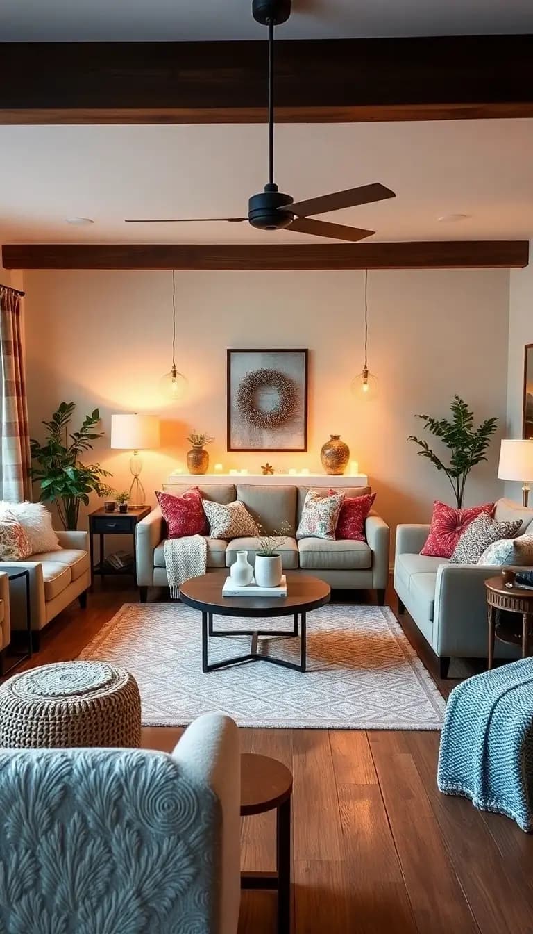 A beautifully styled living room that perfectly encapsulates all the cozy ideas presented in the article. Featuring warm lighting, plush furnishings, personal decor elements, and inviting textures, the space feels serene and homey, inviting viewers to settle in.
