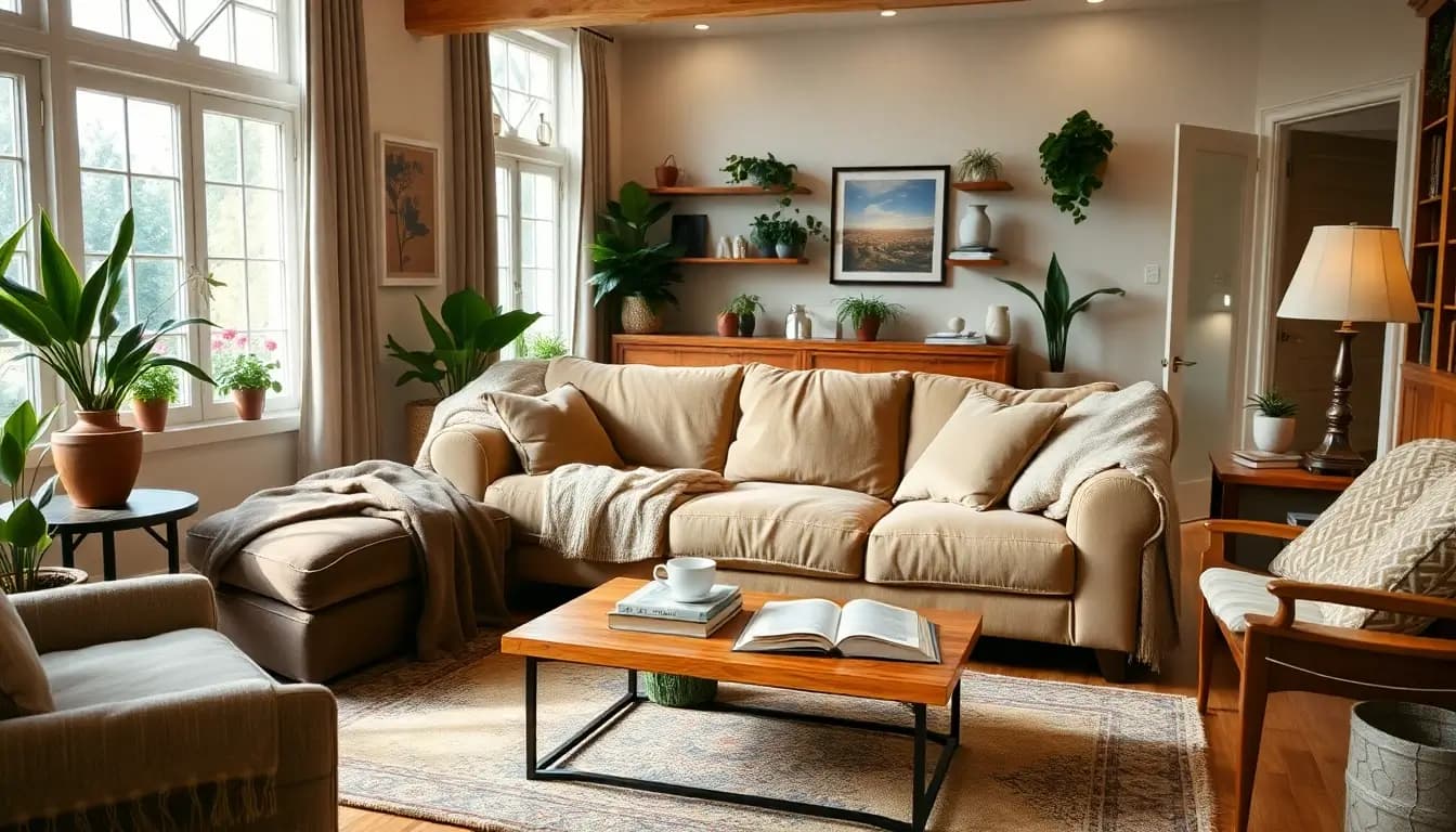 A beautifully decorated living room featuring a plush, oversized couch with soft blankets draped over it, surrounded by warm-toned wooden furniture, a coffee table with a stack of books and a steaming cup of tea, and large windows allowing natural light to filter in. The room is accented with potted plants, a cozy area rug, and soft, ambient lighting, creating an inviting atmosphere perfect for curling up with a book.